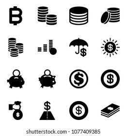 Solid vector icon set - bitcoin vector, coin, insurance, dollar sun, piggy bank, rich