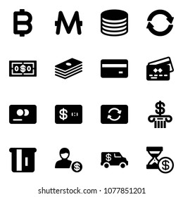 Solid vector icon set - bitcoin vector, monero, coin, exchange, dollar, credit card, bank, atm, account, encashment car, history