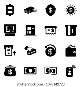 Solid vector icon set - bitcoin vector, cash, safe, dollar sun, atm, receipt, pay, money back, wallet, purse, identity card