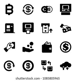 Solid vector icon set - bitcoin vector, dollar exchange, euro, atm, cash pay, wallet, reload, data, cloud