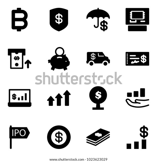 Solid vector icon set -\
bitcoin vector, safe, insurance, atm, piggy bank, encashment car,\
check, account statistics, arrows up, money tree, growth, ipo,\
dollar, chart
