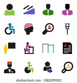 solid vector icon set - blackboard vector, student, manager, personal information, horizontal bar, stairways run, client, disabled, doctor, crutches, head bandage, user, login, search