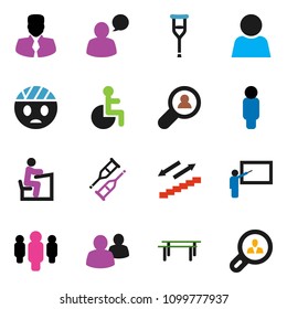 solid vector icon set - blackboard vector, student, manager, man, horizontal bar, stairways run, speaking, group, disabled, crutches, head bandage, user, client search