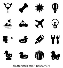 Solid vector icon set - bladder vector, broken bone, sun, air balloon, pyramid, car baggage, plane, bulb, laser lever, duck toy, marker, shovel fork, basketball