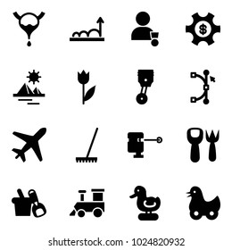 Solid vector icon set - bladder vector, growth, winner, money managemet, pyramid, tulip, piston, bezier, plane, rake, laser lever, shovel fork toy, bucket, train, duck