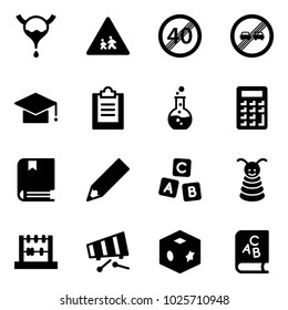 Solid vector icon set - bladder vector, children road sign, end speed limit, overtake, graduate hat, clipboard, round flask, calculator, book, pencil, abc cube, pyramid toy, abacus, xylophone