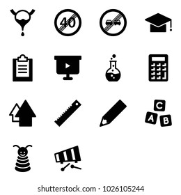 Solid vector icon set - bladder vector, end speed limit road sign, overtake, graduate hat, clipboard, presentation board, round flask, calculator, arrow up, ruler, pencil, abc cube, pyramid toy