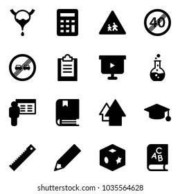 Solid vector icon set - bladder vector, calculator, children road sign, end speed limit, overtake, clipboard, presentation board, round flask, book, arrow up, graduate hat, ruler, pencil, cube toy