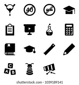 Solid vector icon set - bladder vector, end speed limit road sign, overtake, graduate hat, clipboard, presentation board, round flask, calculator, book, ruler, pencil, abc cube, pyramid toy