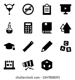 Solid vector icon set - bladder vector, end overtake limit road sign, clipboard, presentation board, round flask, calculator, book, arrow up, graduate hat, ruler, pencil, abc cube, abacus, xylophone