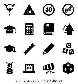 Solid vector icon set - bladder vector, children road sign, end speed limit, overtake, graduate hat, calculator, book, arrow up, ruler, pencil, abc cube, pyramid toy, abacus, xylophone