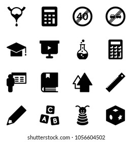 Solid vector icon set - bladder vector, calculator, end speed limit road sign, overtake, graduate hat, presentation board, round flask, book, arrow up, ruler, pencil, abc cube, pyramid toy