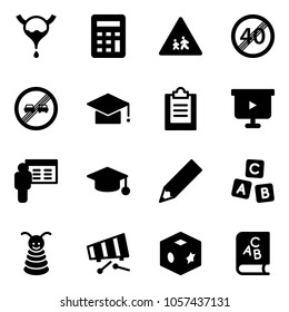 Solid vector icon set - bladder vector, calculator, children road sign, end speed limit, overtake, graduate hat, clipboard, presentation board, pencil, abc cube, pyramid toy, xylophone, book