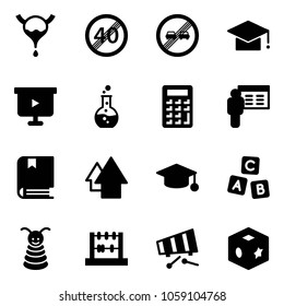 Solid vector icon set - bladder vector, end speed limit road sign, overtake, graduate hat, presentation board, round flask, calculator, book, arrow up, abc cube, pyramid toy, abacus, xylophone