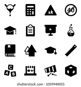 Solid vector icon set - bladder vector, calculator, children road sign, end speed limit, graduate hat, clipboard, presentation board, round flask, book, arrow up, ruler, abc cube, abacus, xylophone