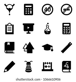 Solid vector icon set - bladder vector, calculator, end speed limit road sign, overtake, clipboard, presentation board, round flask, book, arrow up, graduate hat, ruler, pencil, pyramid toy, abacus