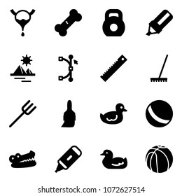 Solid vector icon set - bladder vector, broken bone, weight, highlight marker, pyramid, bezier, ruler, rake, farm fork, brush, duck toy, ball, crocodile, basketball