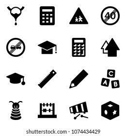 Solid vector icon set - bladder vector, calculator, children road sign, end speed limit, overtake, graduate hat, arrow up, ruler, pencil, abc cube, pyramid toy, abacus, xylophone