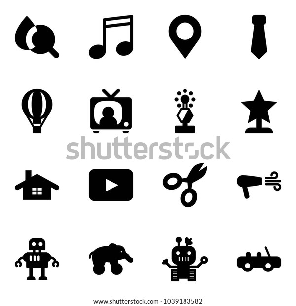 Solid vector icon set - blood\
test vector, music, map pin, tie, air balloon, tv news, award,\
home, playback, scissors, dryer, robot, elephant wheel, toy\
car