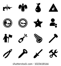 Solid vector icon set - boarding passengers vector, angel, pear, wild animals road sign, no trailer, cart horse, star, winner, win, fizz opening, shell, sledgehammer, pliers, screw, clinch