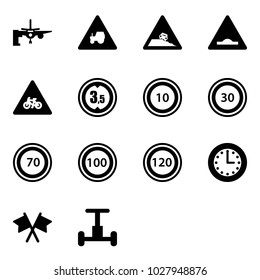 Solid vector icon set - boarding passengers vector, tractor way road sign, steep roadside, artificial unevenness, for moto, limited height, speed limit 10, 30, 70, 100, 120, time, flags cross