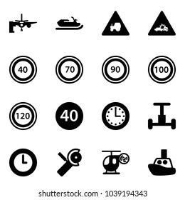 Solid vector icon set - boarding passengers vector, snowmobile, tractor way road sign, car crash, speed limit 40, 70, 90, 100, 120, minimal, time, gyroscope, clock, Angular grinder, helicopter toy