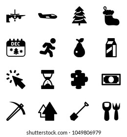 Solid vector icon set - boarding passengers vector, small plane, christmas tree, sock, calendar, run, pear, milk, cursor, sand clock, puzzle, money, job, arrow up, shovel, fork toy