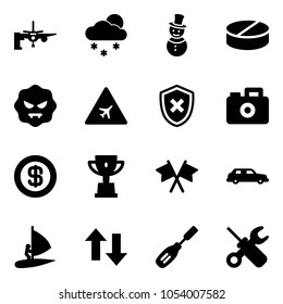 Solid vector icon set - boarding passengers vector, snowfall, snowman, pill, virus, airport road sign, shield cross, camera, dollar, win cup, flags, limousine, windsurfing, up down arrows, chisel