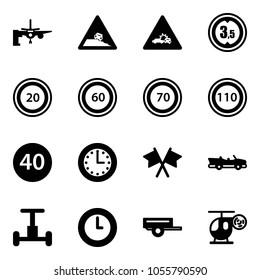 Solid vector icon set - boarding passengers vector, steep roadside road sign, car crash, limited height, speed limit 20, 60, 70, 110, minimal, time, flags cross, cabrio, gyroscope, clock, trailer