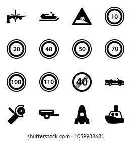 Solid vector icon set - boarding passengers vector, snowmobile, steep roadside road sign, speed limit 10, 20, 40, 50, 70, 100, 110, end, cabrio, Angular grinder, trailer, rocket, toy boat
