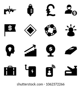 Solid vector icon set - boarding passengers vector, drop counter, pound, account, dollar flag, main road sign, friends, idea, head bulb, growth, money tree, gold, suitcase, power bank, identity card