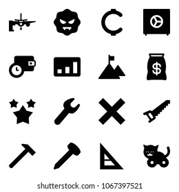 Solid vector icon set - boarding passengers vector, virus, cent, safe, wallet time, statistics, mountain, money bag, stars, wrench, delete, saw, hammer, nail, corner ruler, toy cat
