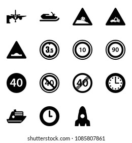 Solid vector icon set - boarding passengers vector, snowmobile, steep roadside road sign, car crash, artificial unevenness, limited height, speed limit 10, 90, minimal, end, time, cruiser, clock