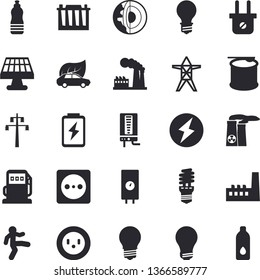 Solid vector icon set - boiler flat vector, battery, solar, refueling, factory, accumulator, lamp, socket, plug, power line support, manufactory, energy saving, eco cars, bulb, nuclear plant, water