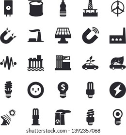 Solid vector icon set - boiler flat vector, oil production platform, solar battery, gas station, factory, socket, hydroelectric power, manufactory, energy saving lamp, eco cars, magnet, idea, fector