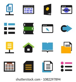 solid vector icon set - book vector, schedule, document, browser, arrow, network, home, catalog, menu