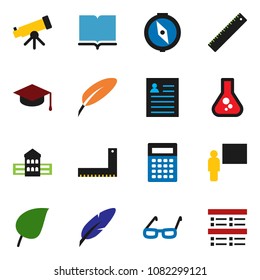 solid vector icon set - book vector, graduate hat, pen, school building, blackboard, corner ruler, glasses, telescope, calculator, compass, personal information, flask, leaf, exam