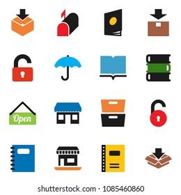 solid vector icon set - book vector, copybook, archive, office, umbrella, package, unlock, mailbox, open, catalog