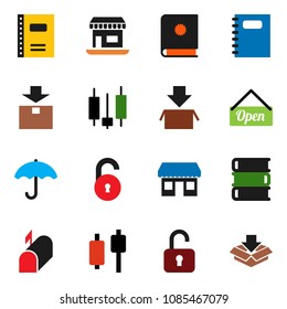 solid vector icon set - book vector, copybook, japanese candle, office, umbrella, package, unlock, mailbox, open, catalog