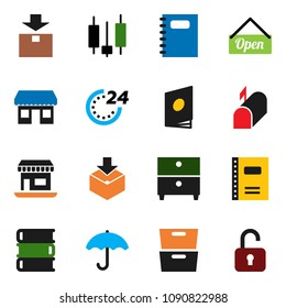 solid vector icon set - book vector, copybook, archive, japanese candle, office, umbrella, package, mailbox, open, 24 hour, catalog, unlock