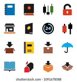 solid vector icon set - book vector, copybook, japanese candle, office, umbrella, package, unlock, mailbox, 24 hour, catalog