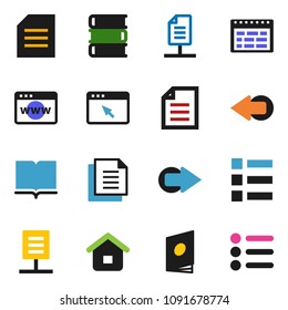 solid vector icon set - book vector, schedule, document, browser, arrow, network, home, catalog, menu