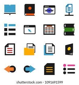 solid vector icon set - book vector, schedule, document, browser, arrow, network, catalog, menu
