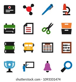 solid vector icon set - book vector, blackboard, backpack, pen, microscope, bell, schedule, award cup, certificate, scissors, school bus, abacus, document, archive, molecule, magnifier