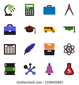 solid vector icon set - book vector, graduate hat, pen, drawing compass, case, atom, bell, table lamp, calculator, schedule, school bus, archive, molecule, flask