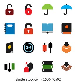 solid vector icon set - book vector, copybook, japanese candle, umbrella, package, unlock, mailbox, 24 hour, catalog