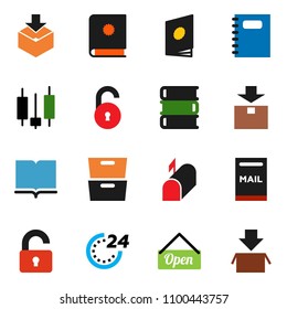 solid vector icon set - book vector, copybook, archive, japanese candle, package, unlock, mailbox, open, 24 hour, catalog