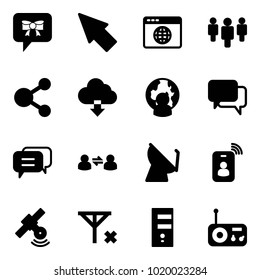 Solid vector icon set - bow message vector, cursor, browser globe, group, share, download cloud, man, dialog, information exchange, satellite antenna, identity card, no signal, server, radio