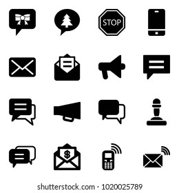 Solid vector icon set - bow message vector, merry christmas, stop road sign, phone, mail, opened, loudspeaker, chat, dialog, pawn, dollar, mobile, wireless