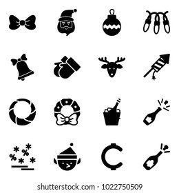 Solid vector icon set - bow vector, santa claus, christmas ball, garland, bell, gloves, deer, firework rocket, wreath, champagne, sale, elf, cent, fizz opening
